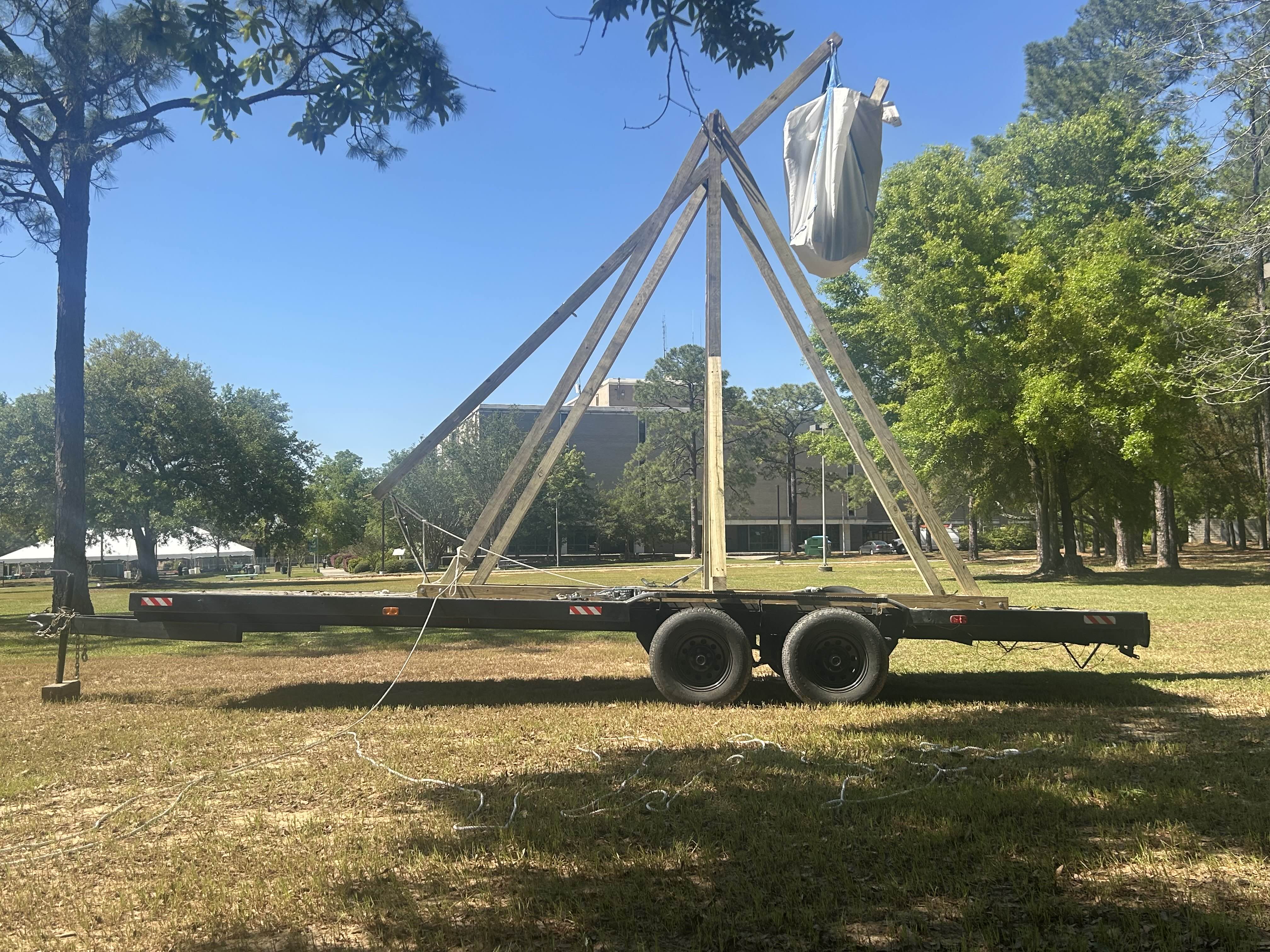 Completed trebuchet during field testing