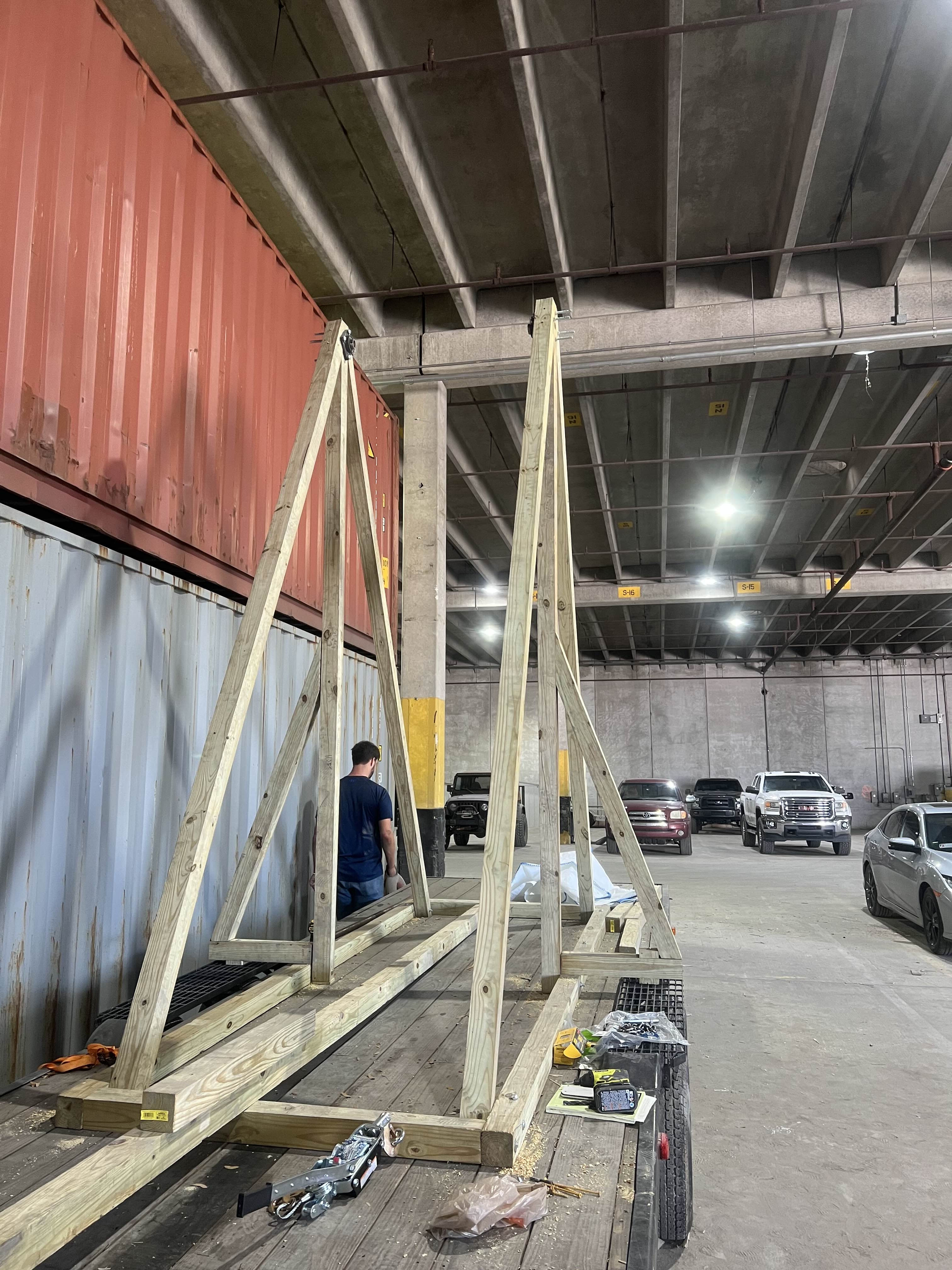 Trebuchet prototype assembly during construction
